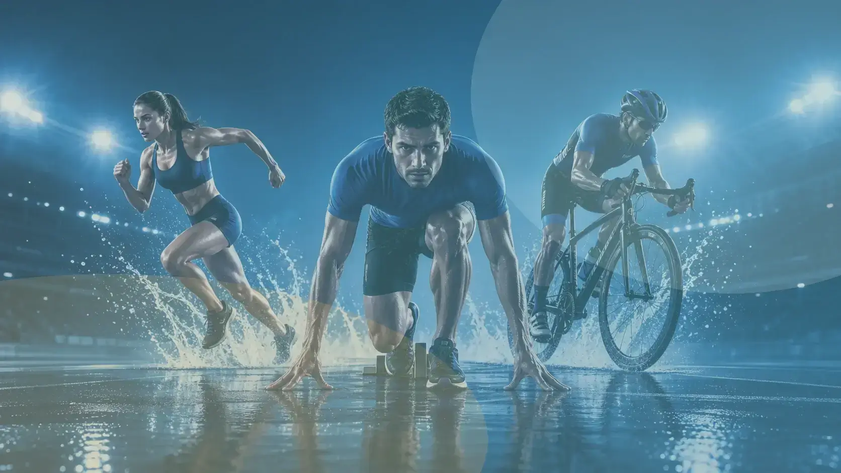 Ciclista, corredor y nadador representando el cuidado deportivo con MMCREAMPRO