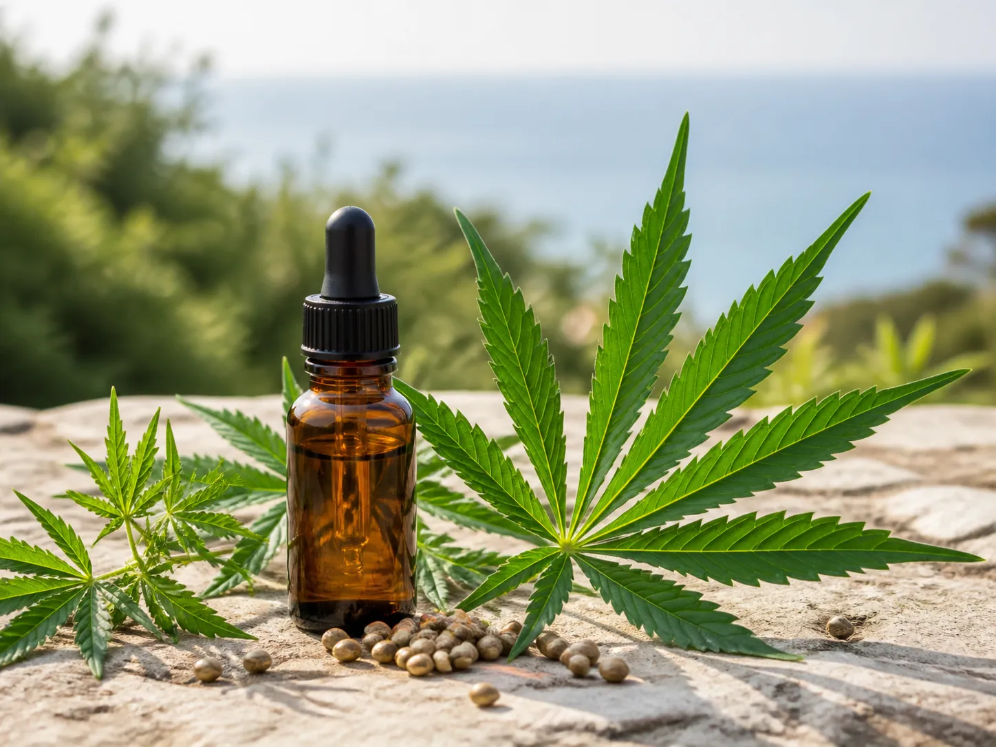 Infografia realista de CBD con tubo MMCREAMPRO y hojas de canamo