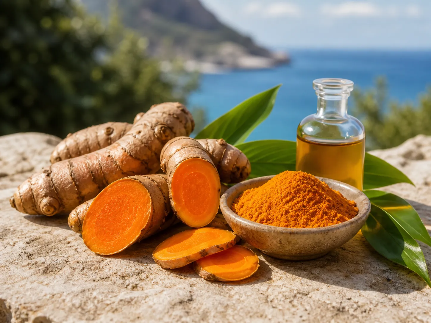Curcuma en polvo y raiz junto al tubo MMCREAMPRO